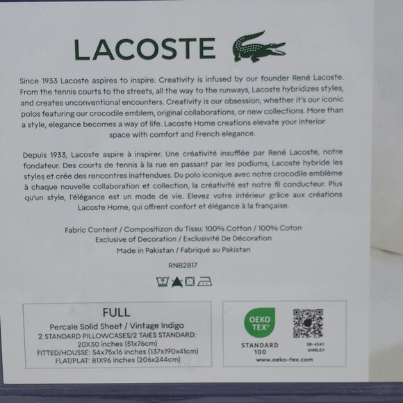 Lacoste Full Sheet Set 100% Cotton Percale Vintage Indigo Blue Light Weight - Picture 6 of 8